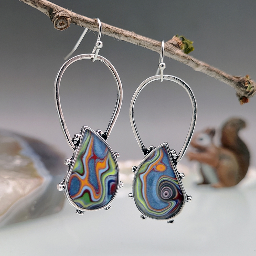 Rainbow Agate Style Teardrop Dangle Earrings, Silver - Picture 5 of 6